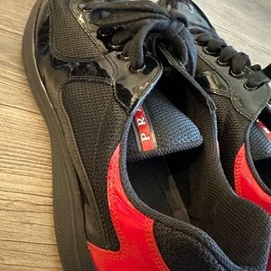 Prada Men's Black and Red Glossy Sneakers